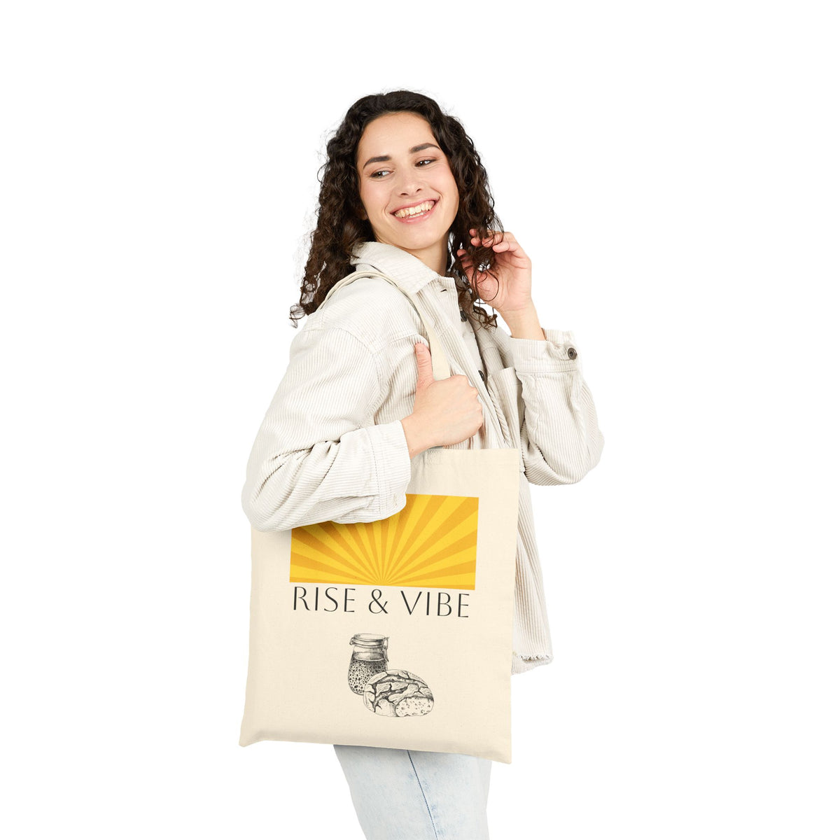 Tote Bag — “Rise & Vibe” Sunrise & Sourdough Canvas Tote (Retro Sunburst, Coffee & Pastry)