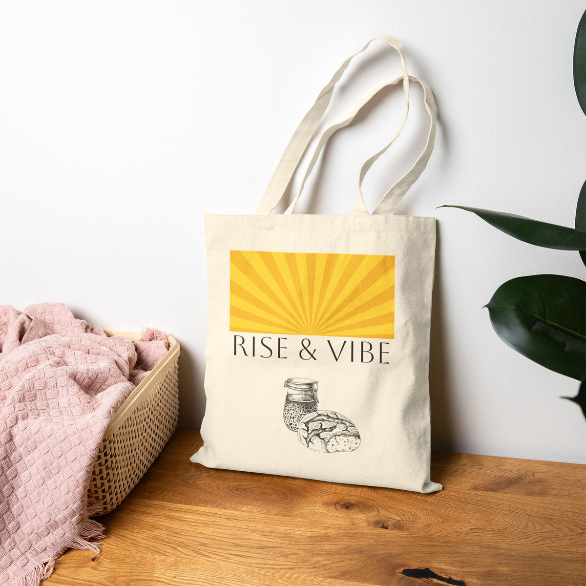 Tote Bag — “Rise & Vibe” Sunrise & Sourdough Canvas Tote (Retro Sunburst, Coffee & Pastry)