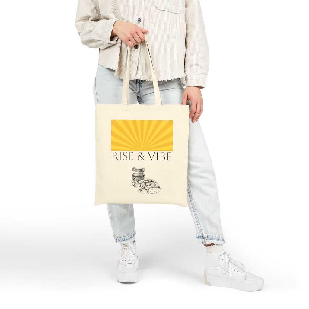 Tote Bag — “Rise & Vibe” Sunrise & Sourdough Canvas Tote (Retro Sunburst, Coffee & Pastry)