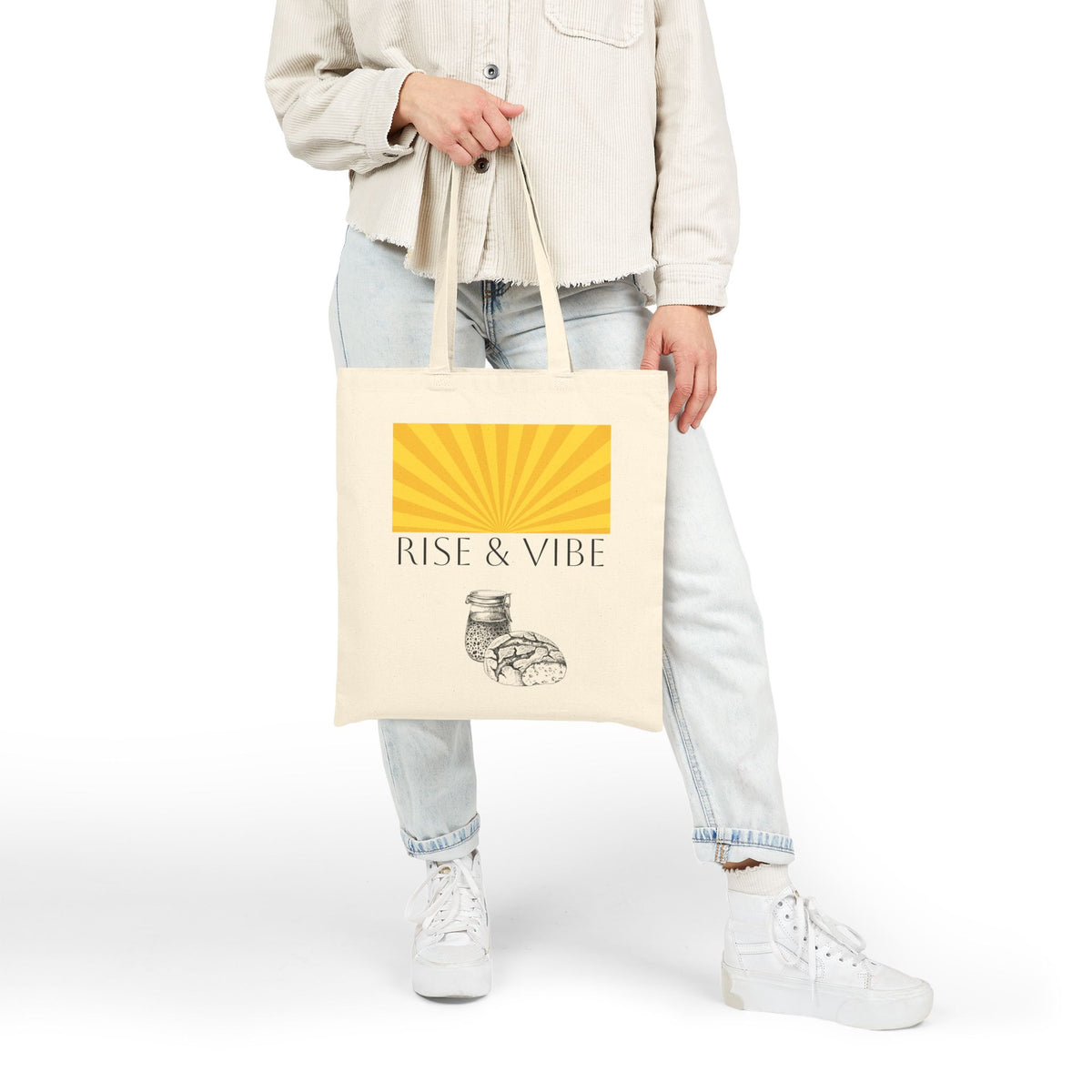 Tote Bag — “Rise & Vibe” Sunrise & Sourdough Canvas Tote (Retro Sunburst, Coffee & Pastry)