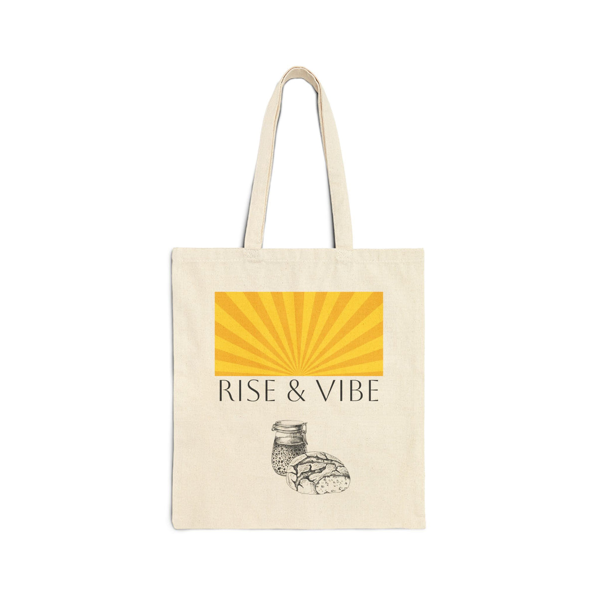 Tote Bag — “Rise & Vibe” Sunrise & Sourdough Canvas Tote (Retro Sunburst, Coffee & Pastry)