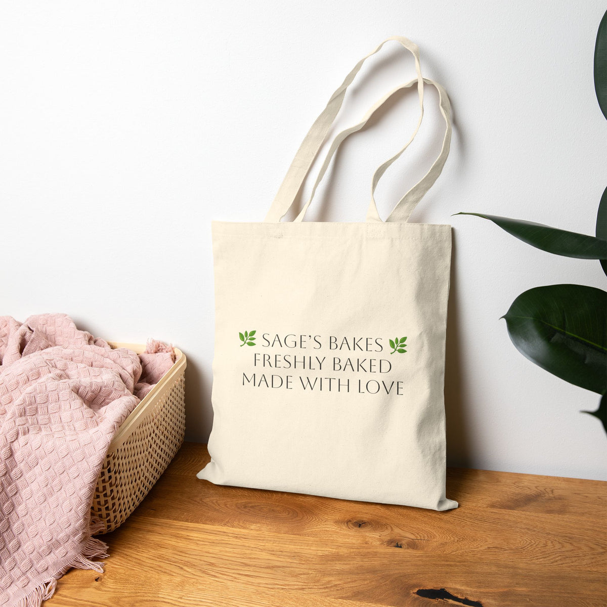 Canvas Tote Bag — “Sage’s Bakes Freshly Baked Made With Love” Bakery Grocery Tote